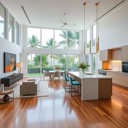 Elegant Highland Beach living room with natural light, polished floors, modern furnishings, and a stylish kitchen view.