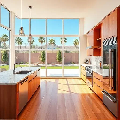 Modern Palm Springs kitchen with granite counters, stainless steel appliances, custom wood cabinets, and lush backyard views.
