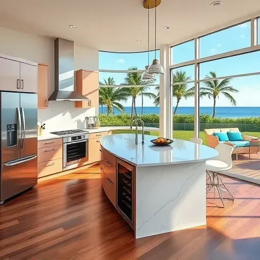 Remodeled Jupiter, FL kitchen with modern cabinetry, quartz countertops, nautical accents, stainless appliances, and tropical views.