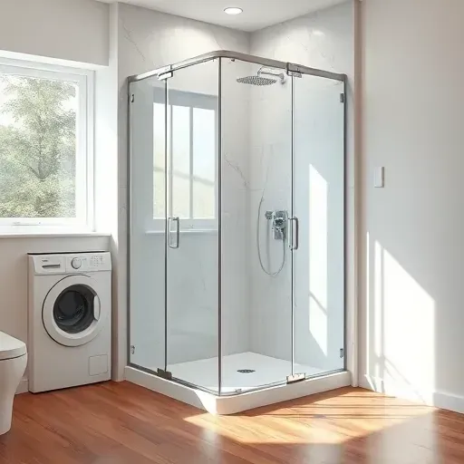 Modern shower with glass doors, chrome fixtures, marble tiles, minimalist design, natural light, and sleek bathroom ambiance.