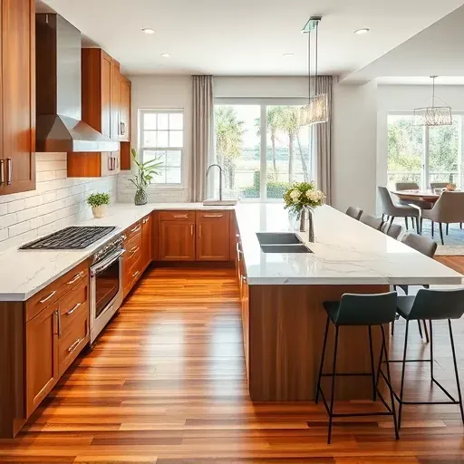 Finished modern Palm Beach Gardens kitchen with marble countertops, wooden cabinets, island, and lush tropical views.