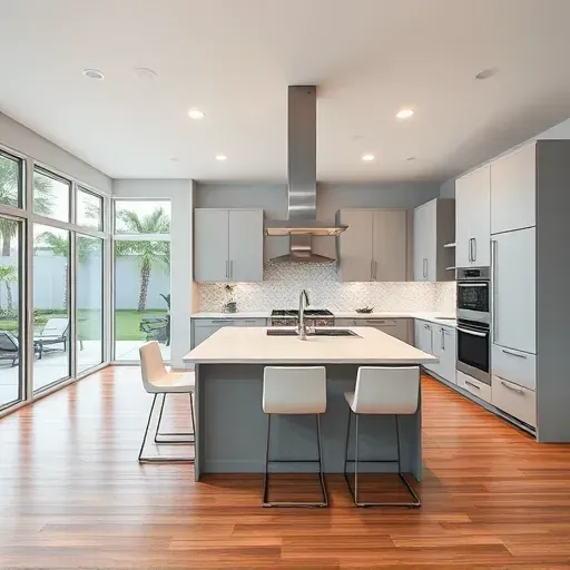 Modern Atlantis kitchen with sleek cabinetry, quartz countertops, spacious island, large windows, hardwood flooring, and tropical backyard view.
