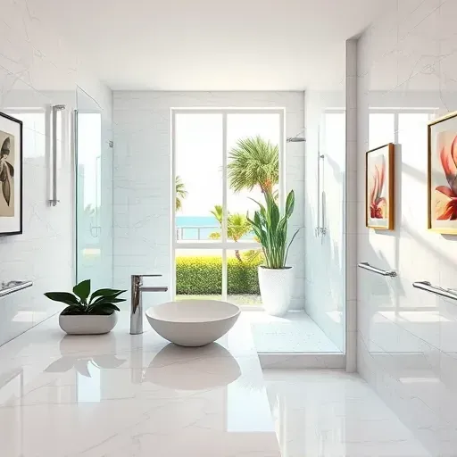 Modern Jupiter, FL bathroom with glossy tiles, walk-in shower, marble counter, vessel sink, greenery, and coastal views.