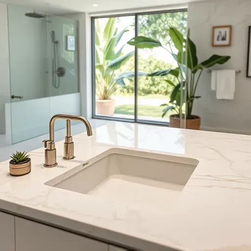 Luxurious Jupiter, FL bathroom with polished marble, sleek fixtures, glass shower, tropical greenery, and natural lighting.