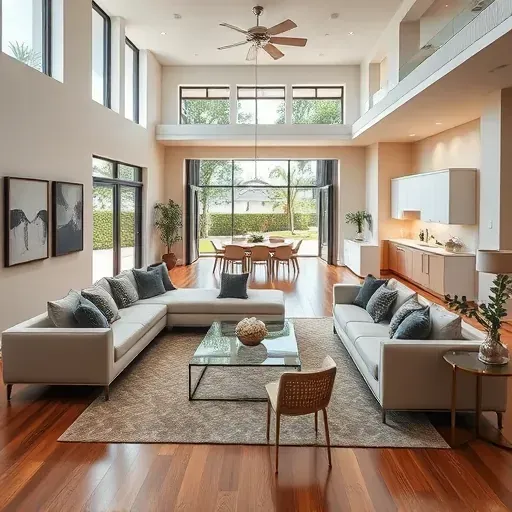 Elegant whole-home remodeling in South Palm Beach featuring a spacious living room, modern kitchen, and inviting garden.