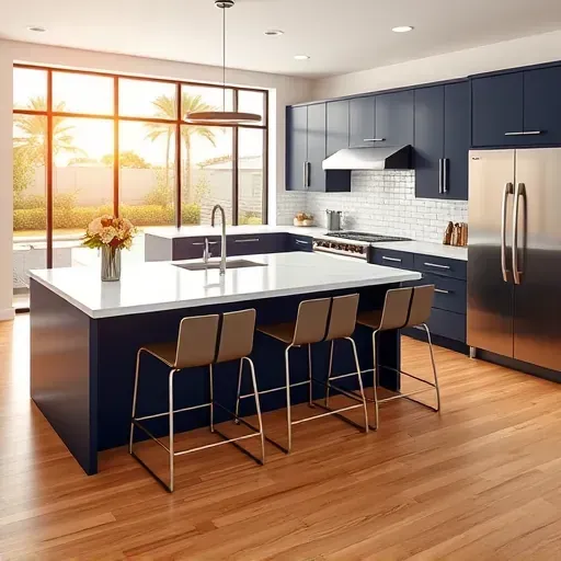 Modern kitchen remodel in Jupiter, FL, featuring navy and white cabinetry, quartz countertops, and a scenic outdoor view.