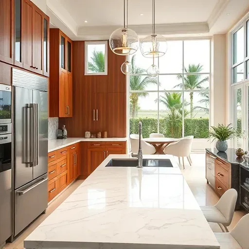 Modern Palm Beach kitchen with quartz counters, stainless steel appliances, wooden cabinetry, tropical garden view.
