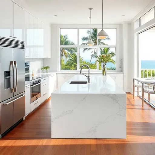 Beautiful remodeled Palm Beach Shores kitchen with sleek white cabinetry, stainless appliances, quartz island, and ocean view.