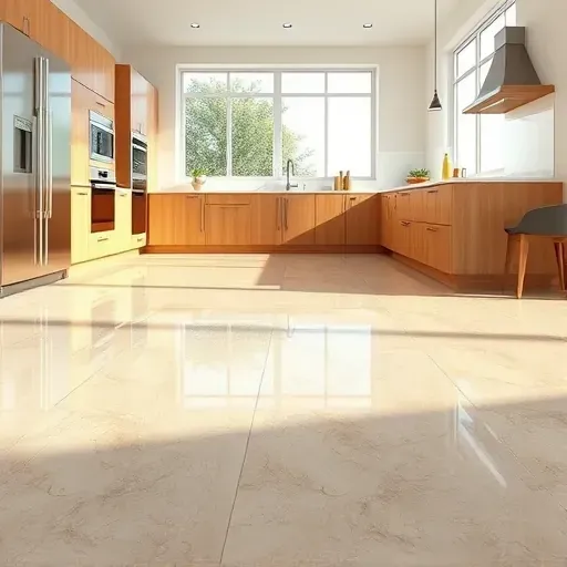 Freshly installed glossy, neutral-toned stone kitchen flooring in Jupiter, FL, with natural light and modern design elements.