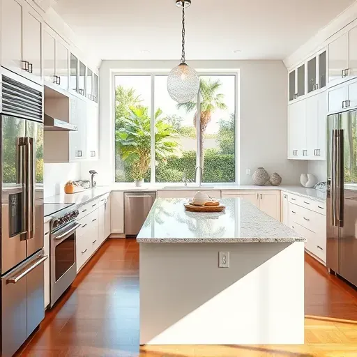 Remodeled Juno Beach kitchen with white cabinets, stainless steel appliances, granite island, hardwood floors, and coastal views.