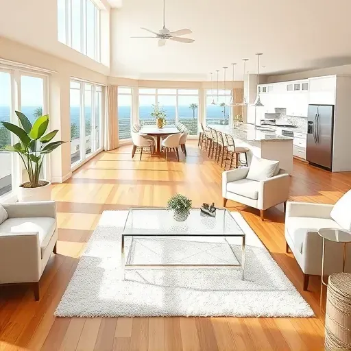 Modern coastal living room in Riviera Beach, FL, with natural light, elegant decor, and open-concept kitchen.