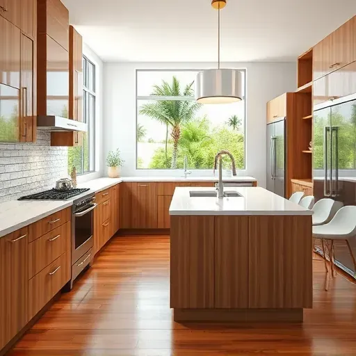 Renovated Florida kitchen with modern wood cabinets, stainless appliances, quartz island, tropical views, and polished hardwood floors.