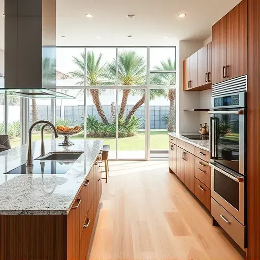 Newly renovated kitchen in Gulf Stream, FL, featuring granite countertops, stainless steel appliances, and custom cabinetry.