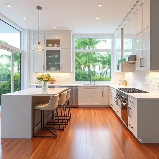 Modern kitchen remodel in North Palm Beach, featuring neutral cabinetry, quartz countertops, stainless steel appliances, and under-cabinet lighting.