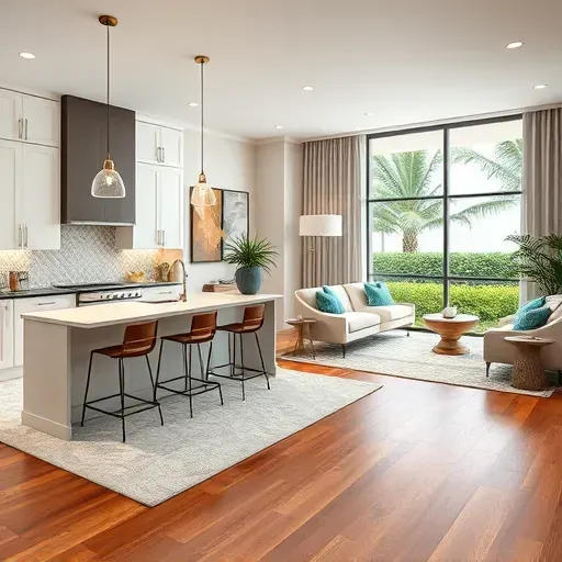 Modern Boca Raton home remodeling showcasing stylish kitchen and living area with elegant decor and tropical views.