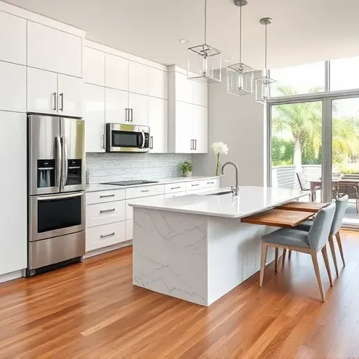 Remodeled Seminole Landing kitchen with white cabinetry, stainless steel appliances, quartz island, glass backsplash, and hardwood floors.
