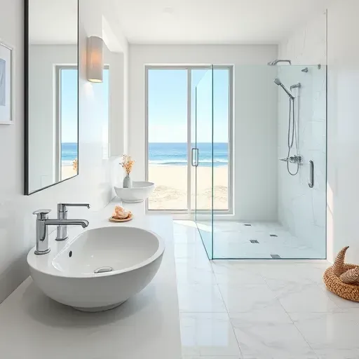 Bright, modern Jupiter, FL bathroom with white walls, coastal decor, glass shower, marble accents, ocean view, natural light.