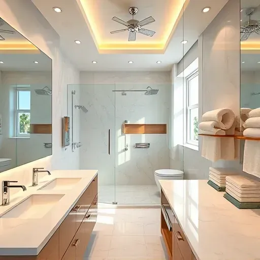 Bright, modern Jupiter, FL bathroom featuring LED lighting, marble countertops, glass shower, and coastal décor.