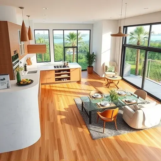 Stunning modern kitchen in Hobe Sound, FL, featuring quartz countertops, custom cabinetry, and lush outdoor views.