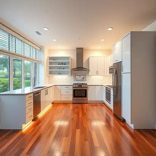 Recently completed modern kitchen in Jupiter, FL with sleek white cabinets, granite countertops, stainless steel appliances, and warm LED lighting.