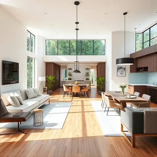Spacious modern living room in a Wellington, FL home, featuring sleek furniture, elegant lighting, and polished hardwood.