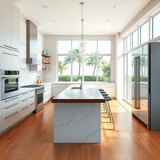 Remodeled Atlantis, FL kitchen with modern matte cabinets, quartz counters, stainless appliances, hardwood floors, and coastal accents.