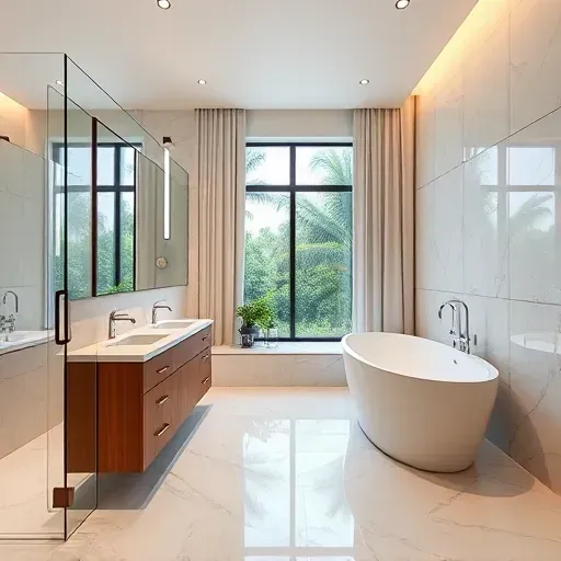 Modern master bathroom in Jupiter, FL with walk-in glass shower, soaking tub, double vanity, marble tiles, and elegant decor.