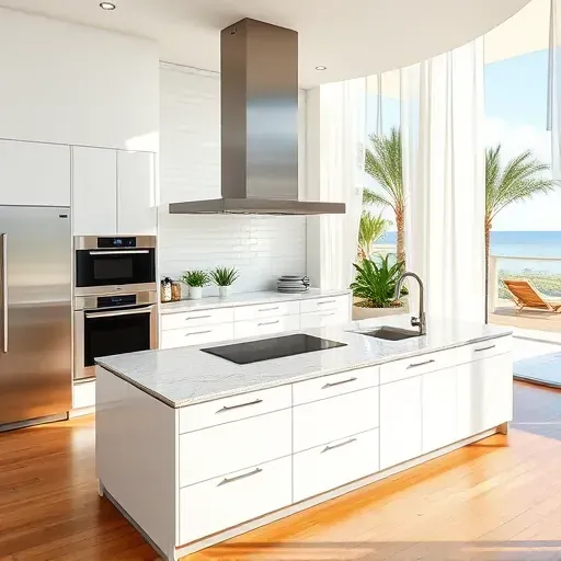 Remodeled Palm Beach Shores modern kitchen with white cabinetry, granite island, stainless appliances, and lush outdoor views.