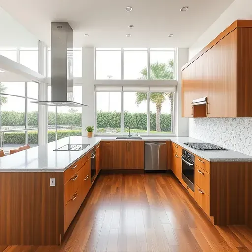 Renovated Old Palm, FL kitchen with modern design, granite counters, custom cabinets, stainless appliances, and bright open space.