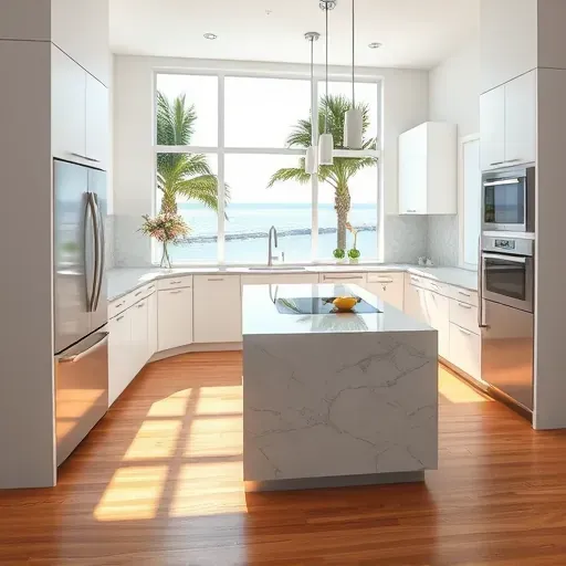 Modern Riviera Beach kitchen with white cabinets, marble counters, large windows, and coastal views.