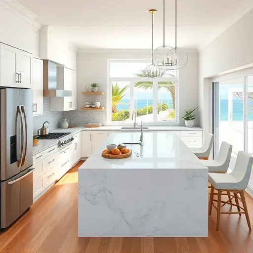 A remodeled Lake Worth Beach kitchen with sleek cabinetry, a granite island, stainless appliances, and coastal accents.