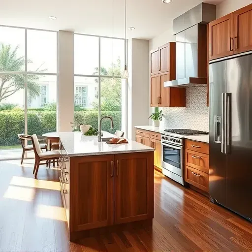 Modern Boca Raton kitchen with quartz countertops, stainless appliances, custom wood cabinets, hardwood floors, and lush greenery view.