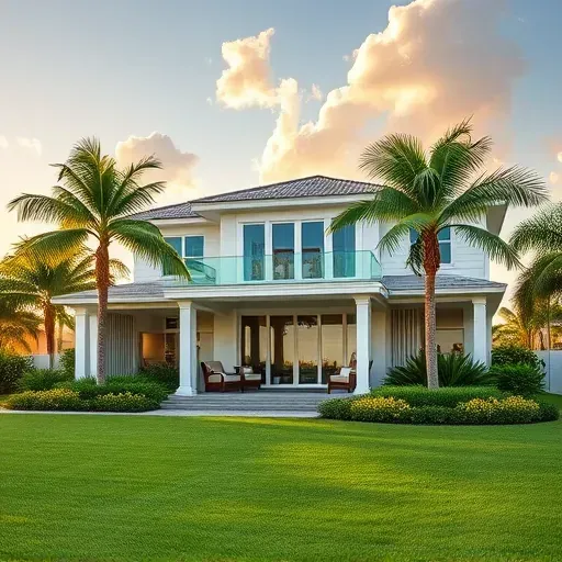 A coastal modern home in Palm Beach County Estates, featuring pastel shades, lush landscaping, and elegant outdoor furniture.
