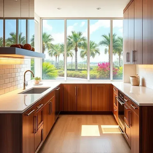 A newly renovated kitchen in Jupiter, FL, showcases modern design with quartz countertops, wooden cabinetry, and a lush backdrop.