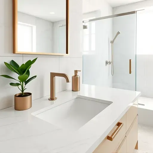 Elegant marble bathroom countertop in Jupiter, FL with brushed nickel fixtures, green succulent, gold-framed mirror, and modern decor.
