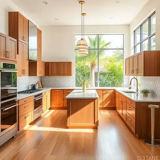 Completed coastal-inspired kitchen in Atlantis, FL with granite counters, stainless appliances, hardwood floors, and custom wood cabinetry.