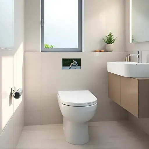Modern bathroom with sleek toilet, polished chrome fixtures, natural light, neutral tiles, minimalist vanity, and fresh greenery.