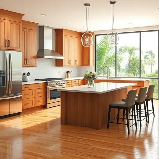 Beautiful Loxahatchee kitchen with warm wood cabinets, stainless steel appliances, quartz countertops, and lush outdoor views.