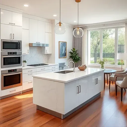 Modern Manalapan, FL kitchen with white cabinets, quartz island, stainless appliances, marble backsplash, hardwood floors.