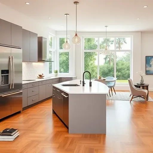 Luxurious renovated Lake Worth, FL kitchen with modern cabinetry, stainless steel appliances, quartz island, hardwood floors, and natural light.