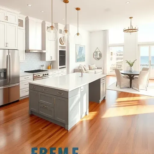 Modern kitchen remodel in Jupiter, FL with quartz countertops, stainless steel appliances, custom cabinetry, and coastal decor.