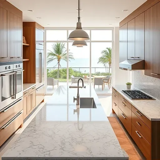 Beautiful renovated Highland Beach kitchen with granite countertops, stainless appliances, custom cabinets, and ocean views.