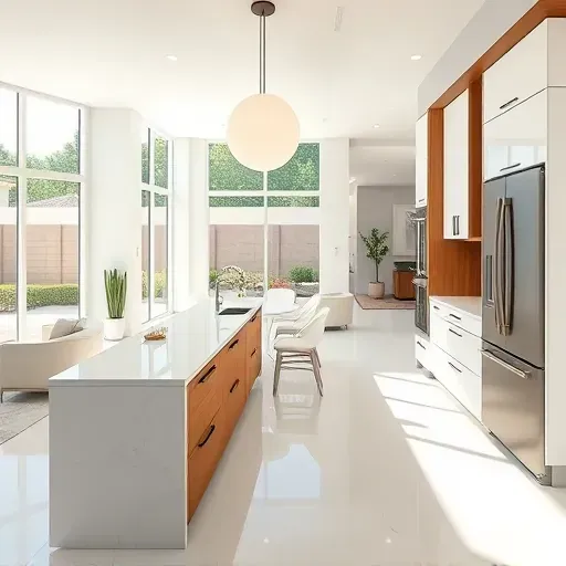 Renovated Delray Beach kitchen with sleek white cabinetry, quartz countertops, and a lush backyard view. Elegant design.