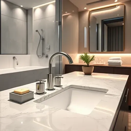 Beautiful bathroom countertop with polished marble, modern fixtures, minimal accessories, and elegant décor.