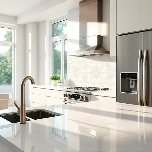 Freshly installed modern ceramic kitchen backsplash with intricate patterns, neutral tones, and natural sunlight in Jupiter, FL.