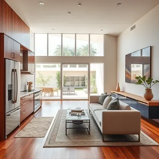 Modern kitchen and open living space in Lake Worth Beach, FL, featuring stylish décor, natural light, and outdoor patio.
