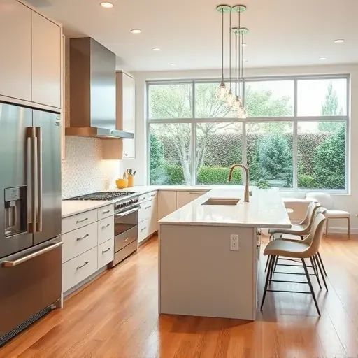 Bright, modern Seminole Landing kitchen with matte cabinets, stainless steel appliances, marble island, hardwood floors, and garden views.