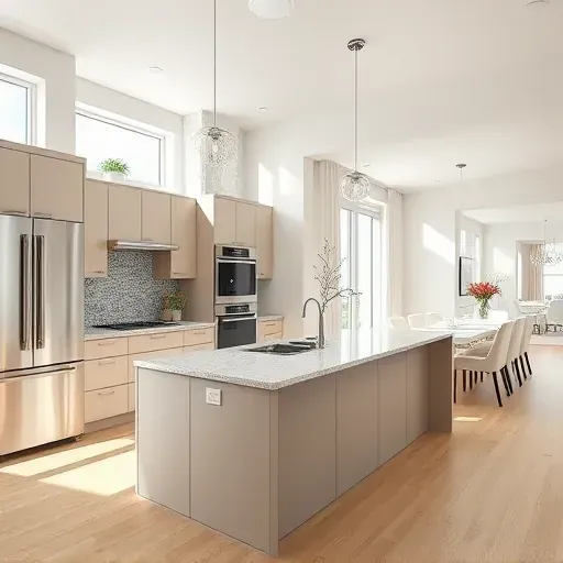 Modern kitchen in Boynton Beach, FL with matte cabinetry, stainless steel appliances, granite island, and natural light.