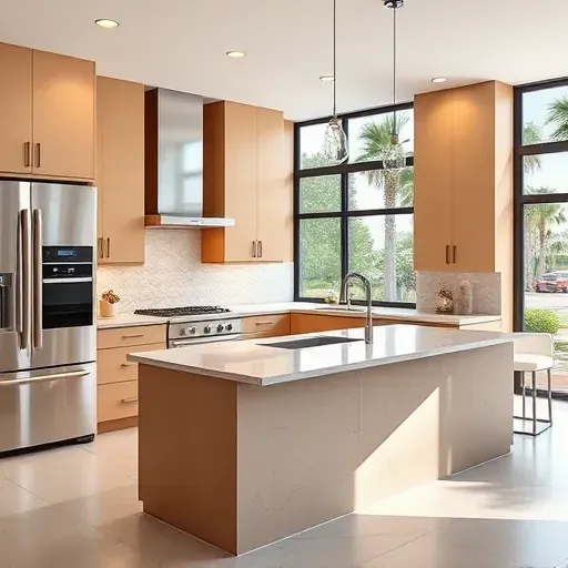 Modern Boca Raton kitchen with sleek matte cabinets, marble island, stainless steel appliances, subway tile backsplash, and natural sunlight