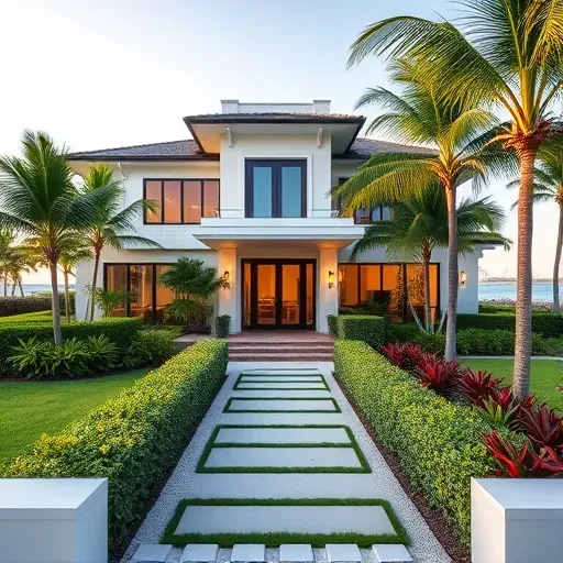 Exterior view of a modern remodeled home in Jupiter Island, FL, featuring lush landscaping and elegant architectural details.